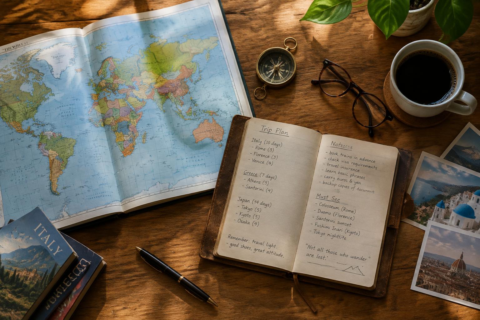A travel planner's desk with an open atlas, a notebook and a compass